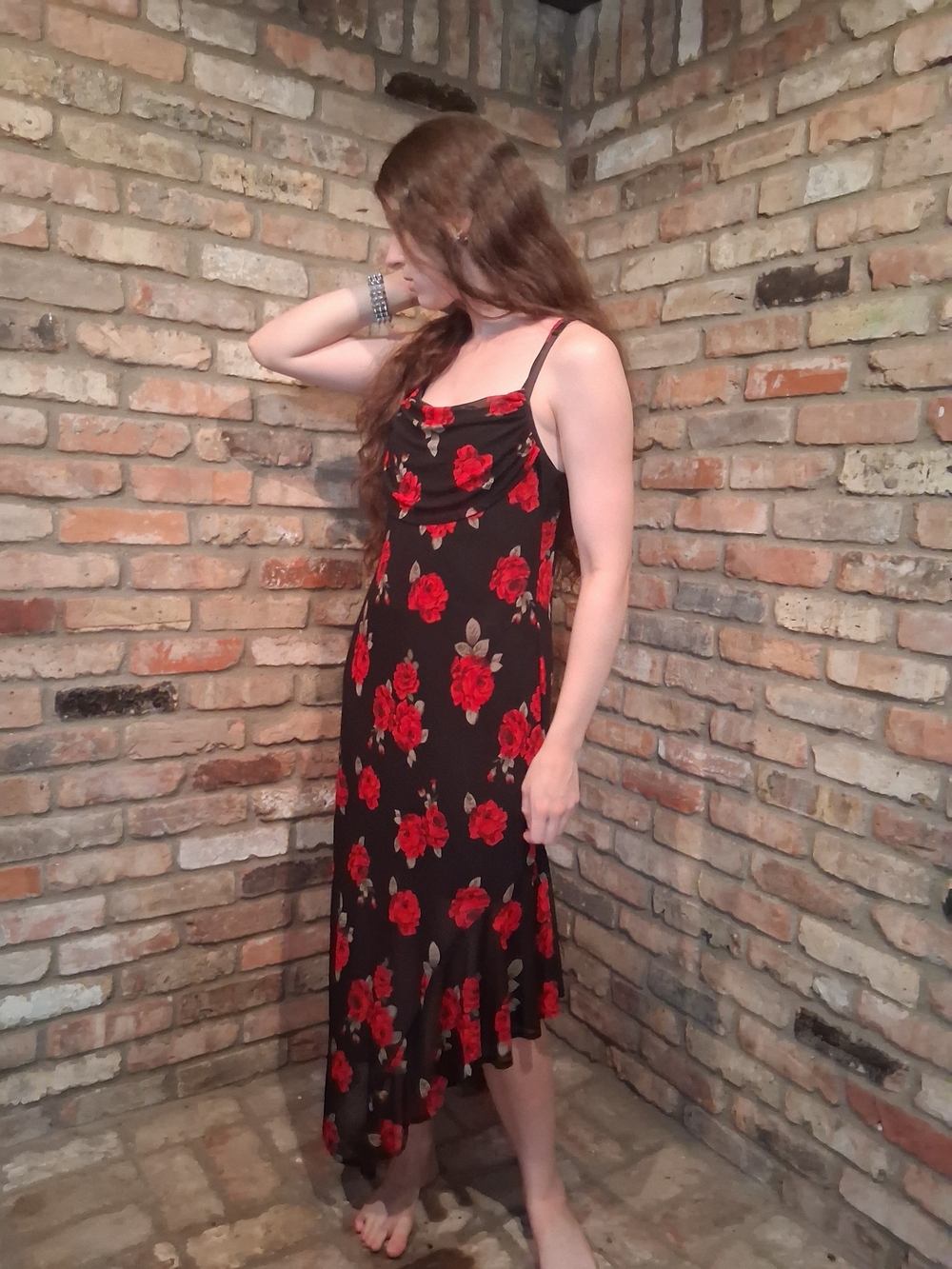 Black Floral Slip Dress with Red Rose Print